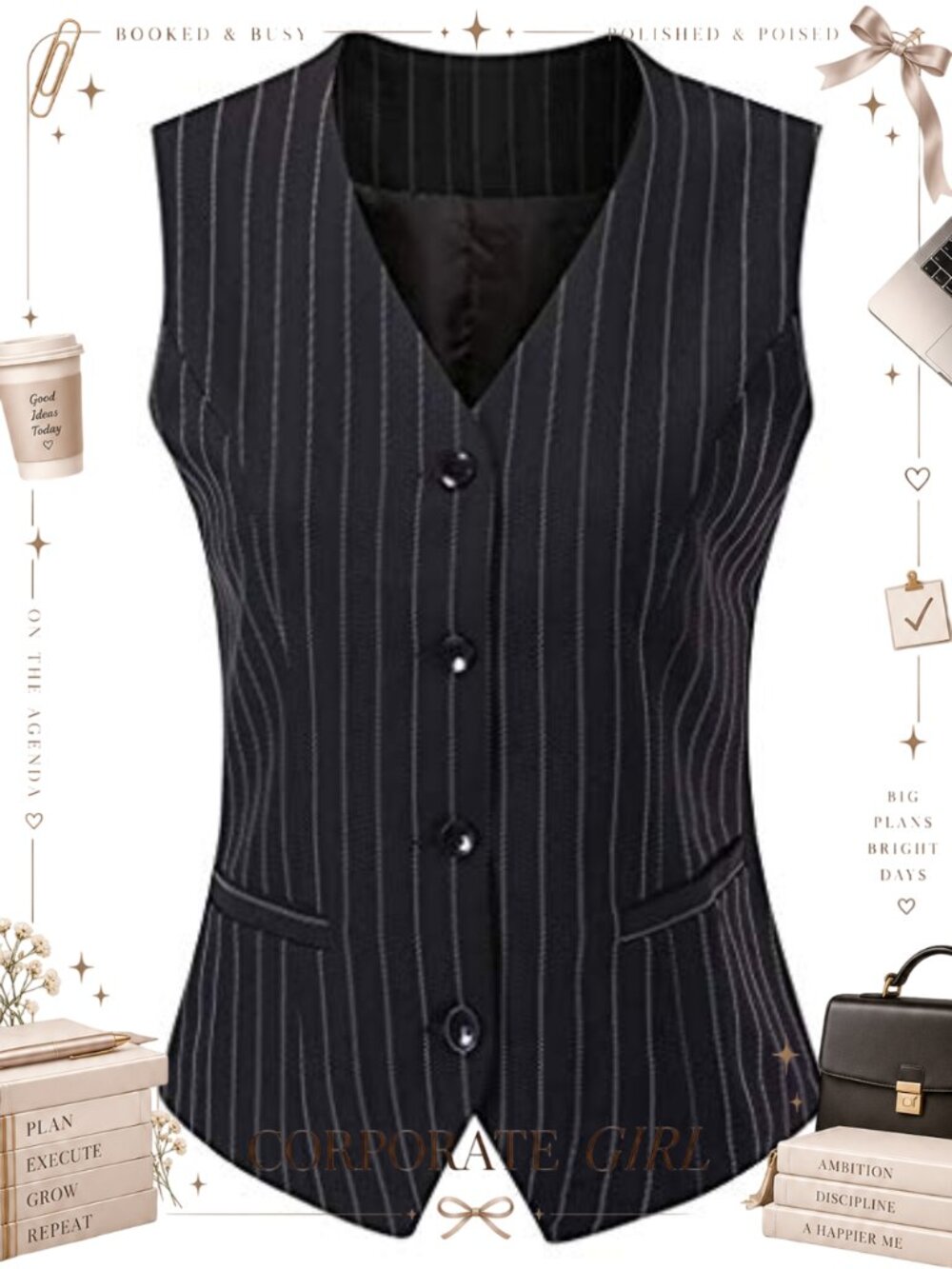 Sleeveless Vest Blazer Tops Women V-Neck Button Placket Slim Fit Waistcoat